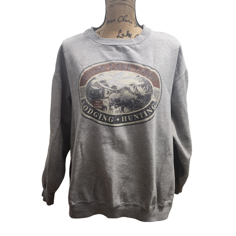 1897 Rustic Lake Lodge Sweatshirt Gray Crewneck Outdoor Graphic Print XXL